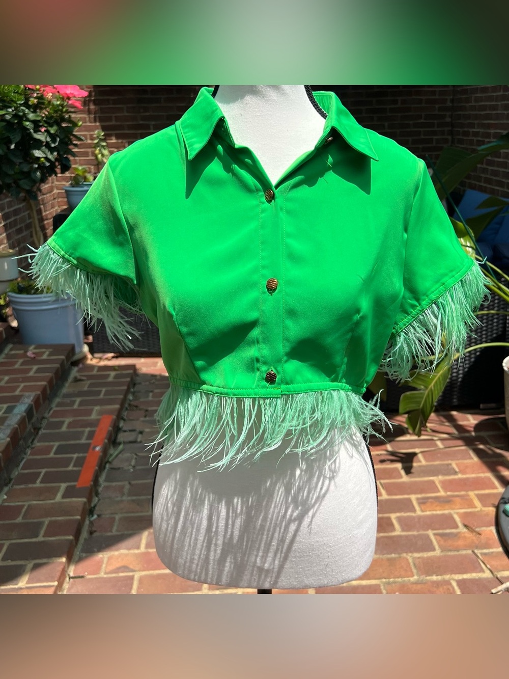 Lizette Feather-Trim Cropped Top Sz S Green Festival Glam Dopamine Y2K Party